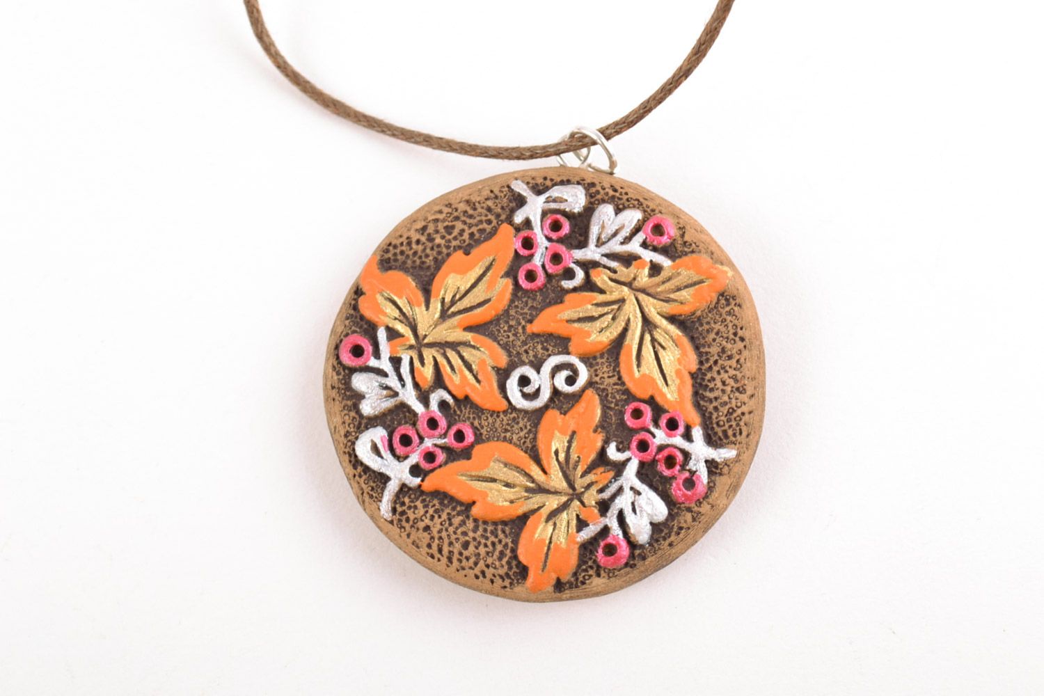 Handmade bright round ceramic pendant painted with acrylics in ethnic style  photo 4