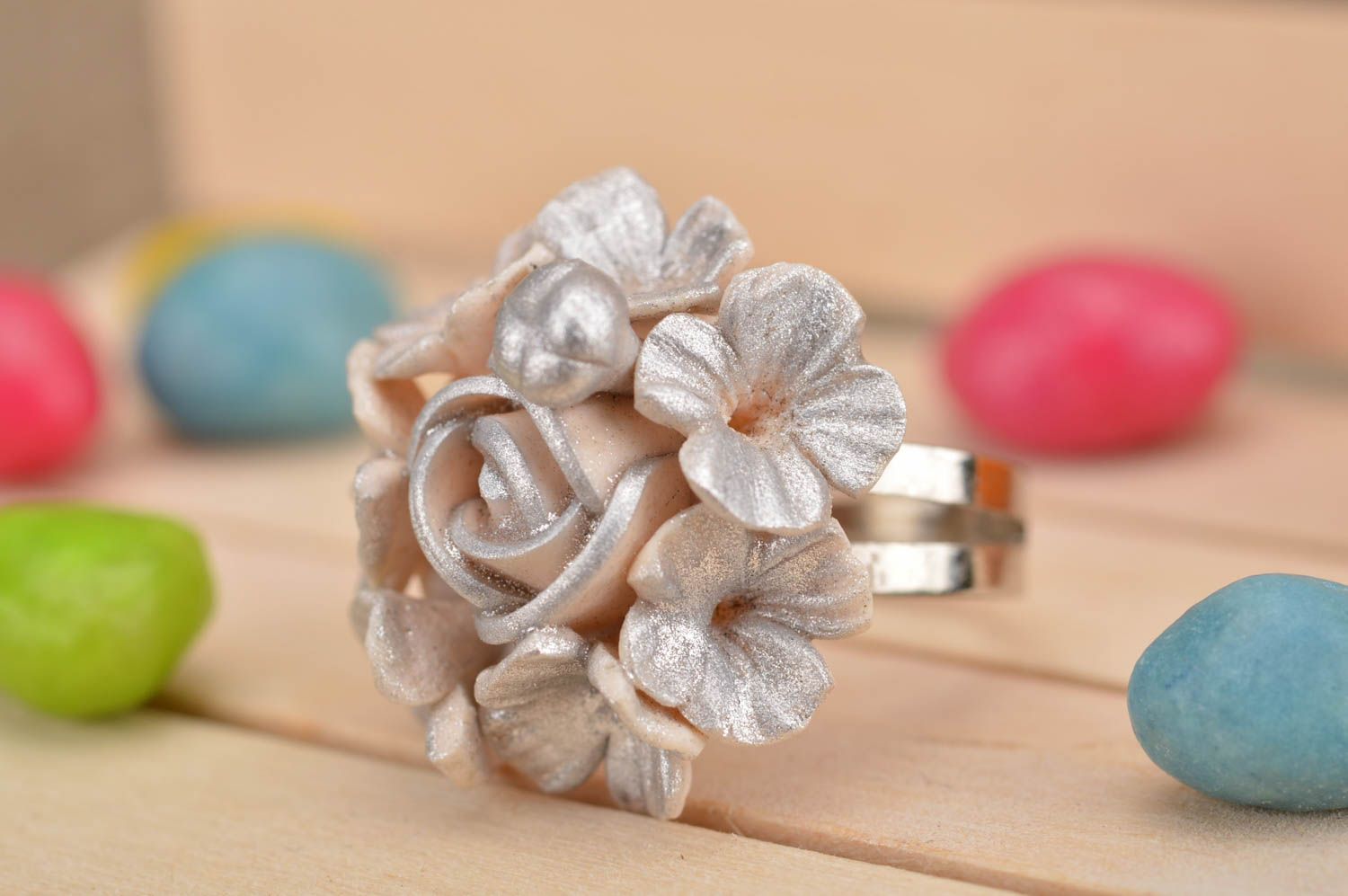 Handmade polymer clay silver floral volume designer jewelry ring on metal basis photo 1