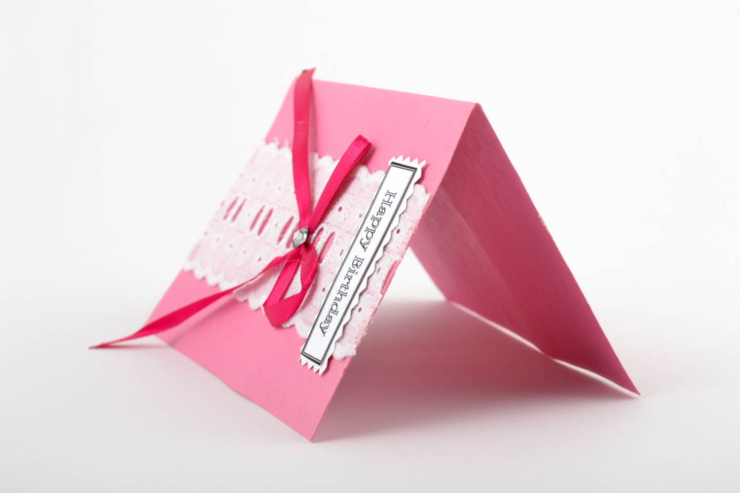 Tarjeta de felicitación regalo original postal hecha a mano rosada con lazo foto 3
