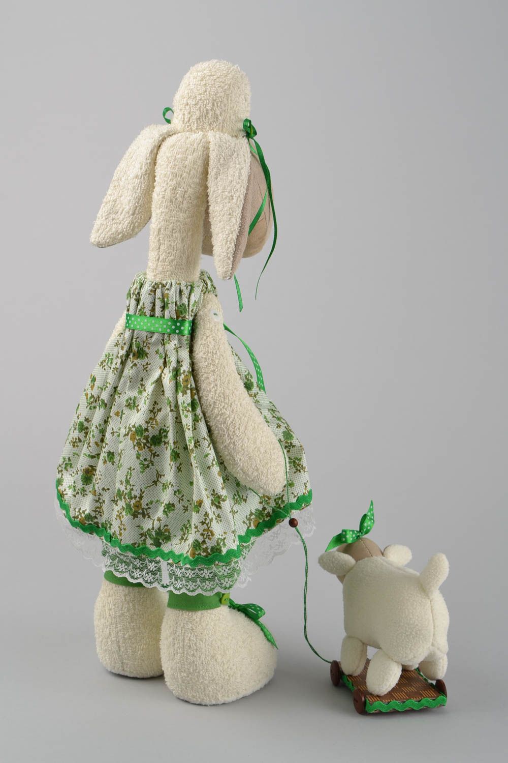 Handmade designer interior fabric soft toy Lamb in green dress with wheeled toy photo 5
