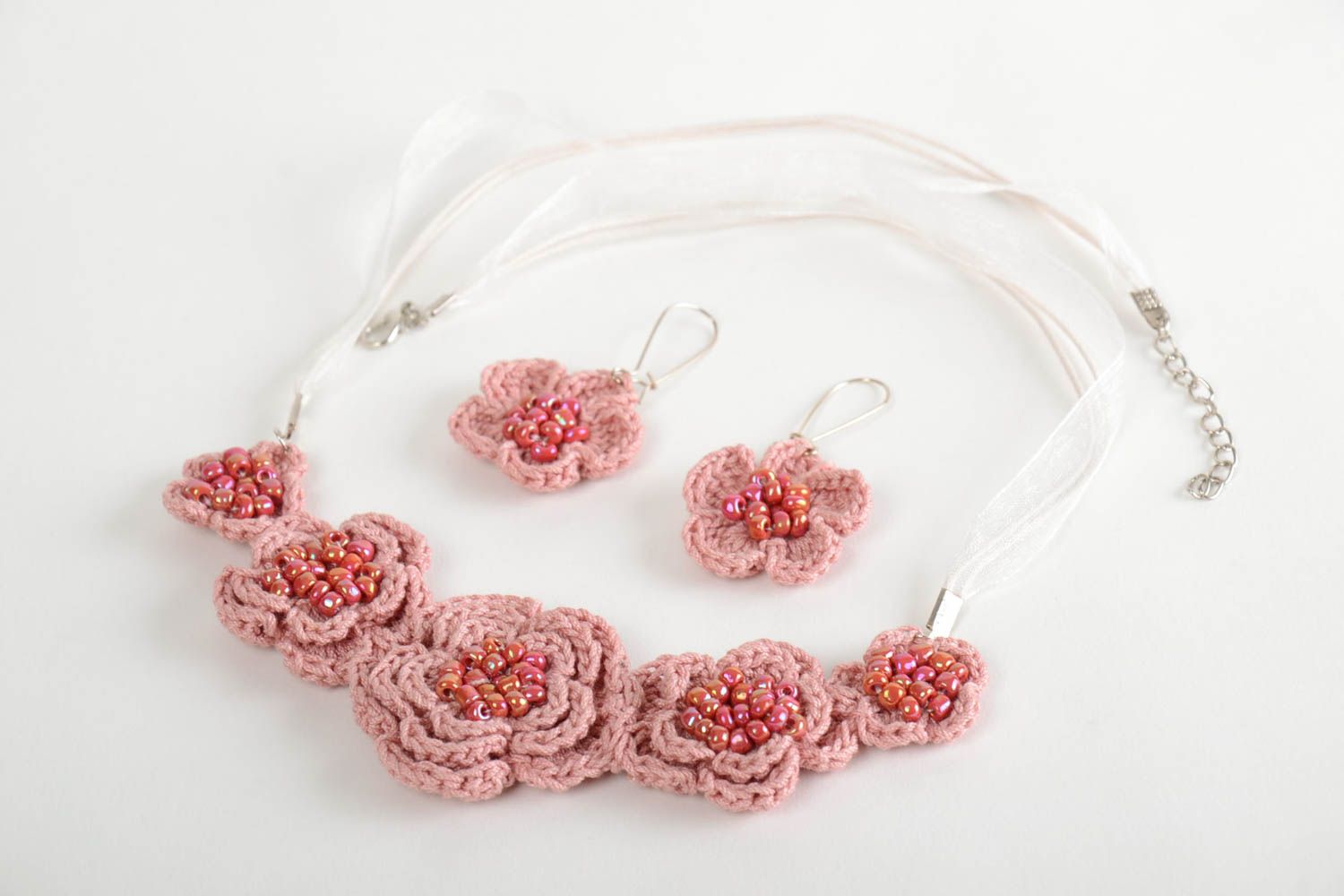 Set of handmade floral crocheted jewelry earrings and necklace in pastel colors photo 3
