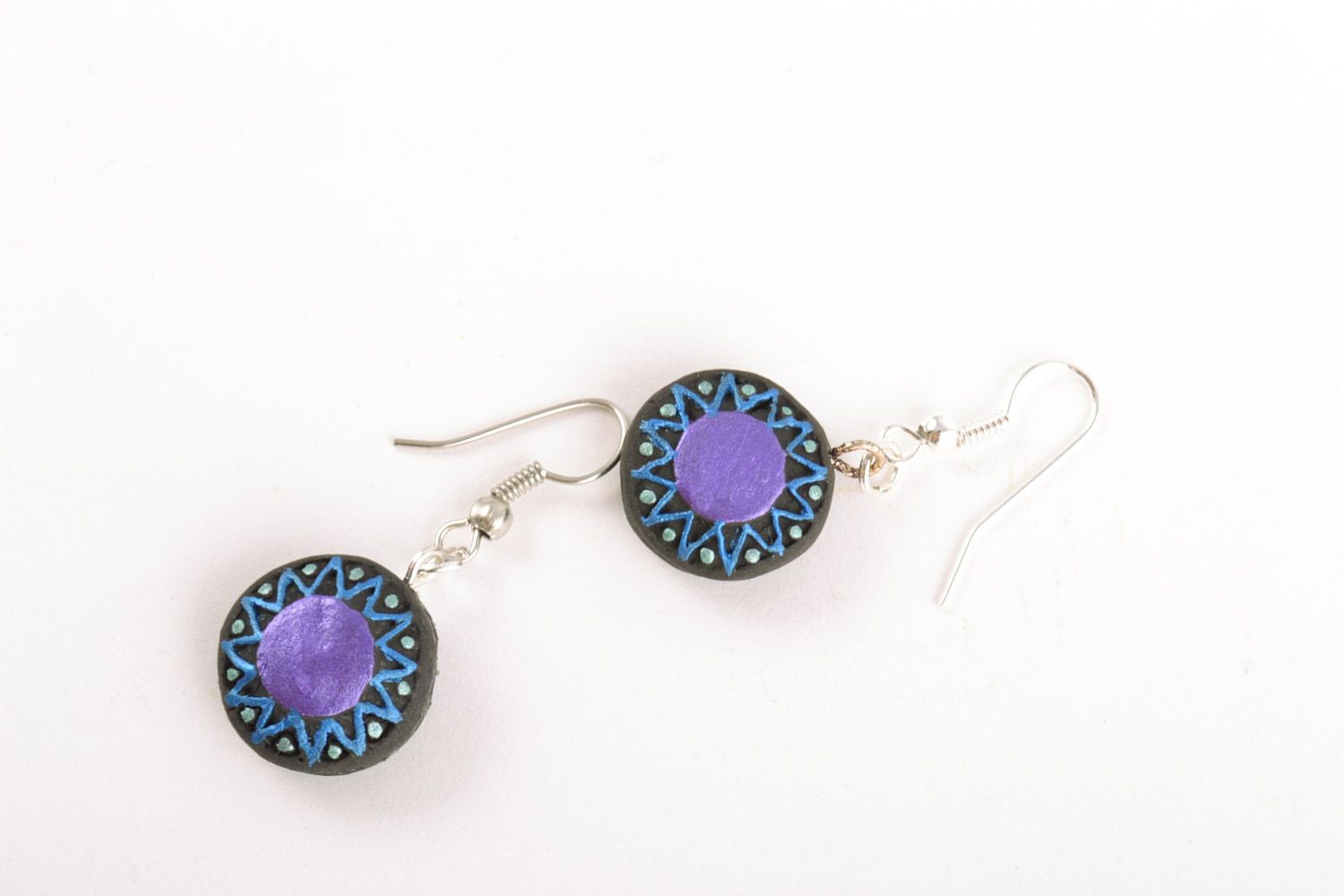 Handmade small round ceramic dangling earrings painted with acrylics Violet Sun photo 5