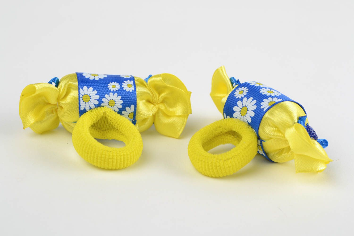 Bright handmade designer textile ribbon hair ties set 2 pieces blue and yellow photo 4