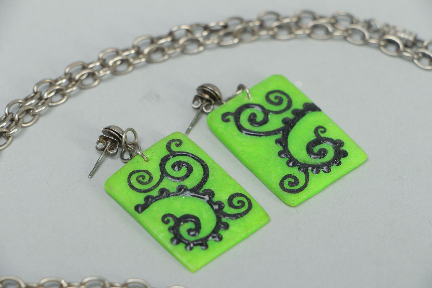 Handmade polymer clay jewelry set of green color photo 3