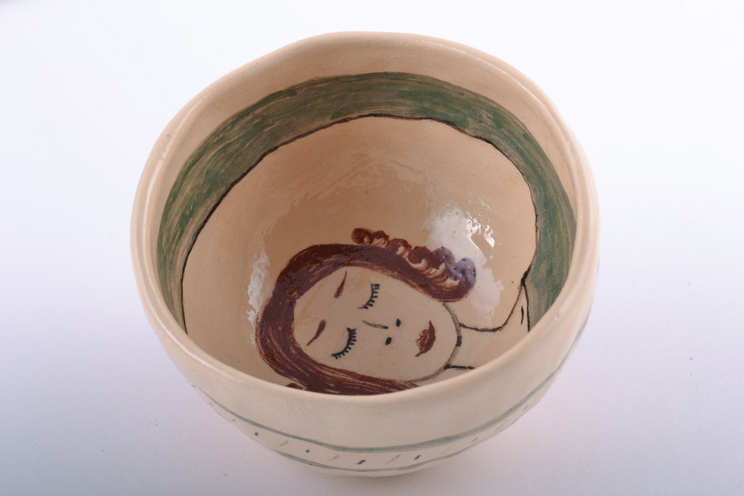 Small deep handmade white clay bowl painted with engobes 0.15 l photo 4