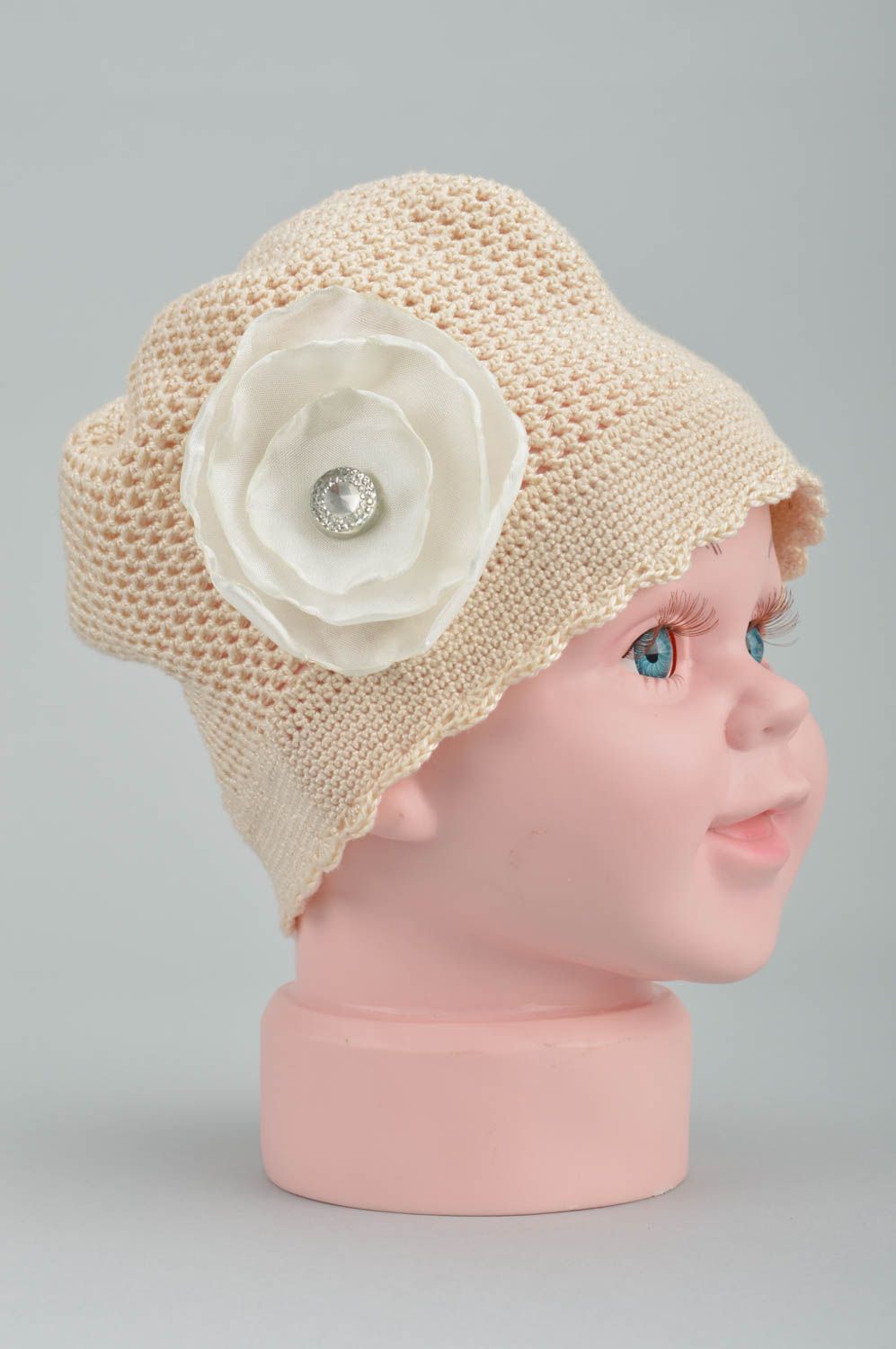 Handmade cap crocheted hat accessory for baby girl spring hat beige color photo 3