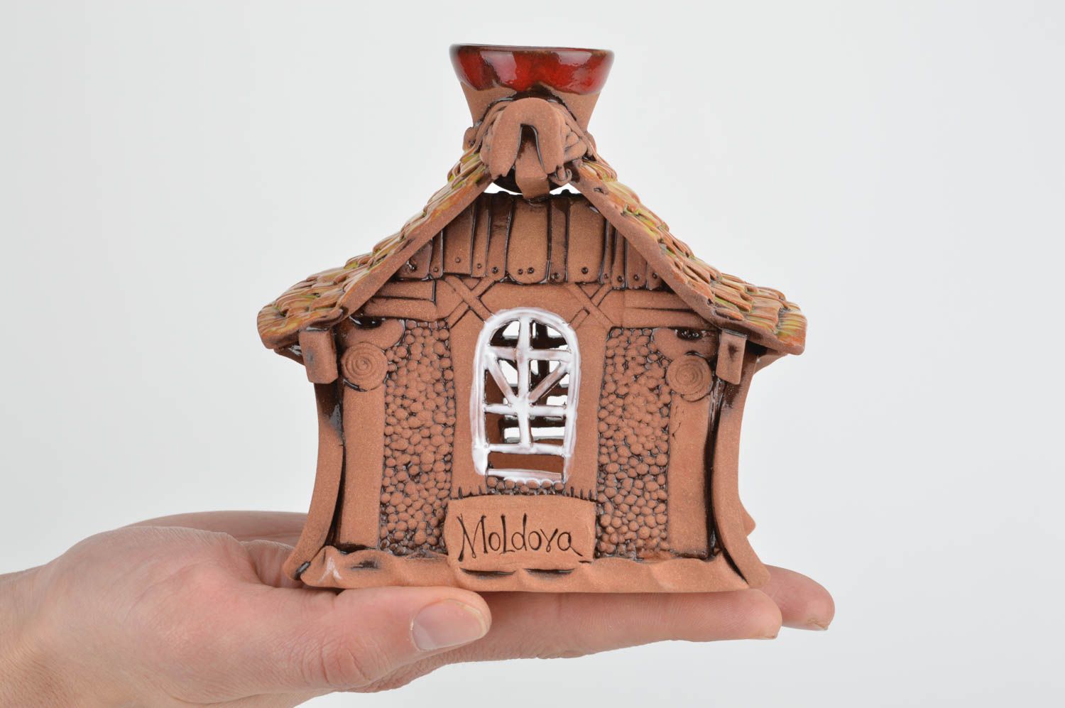 Глиняная аромалампа ручной работы в виде домика с покрытием глазурью красивая фото 3