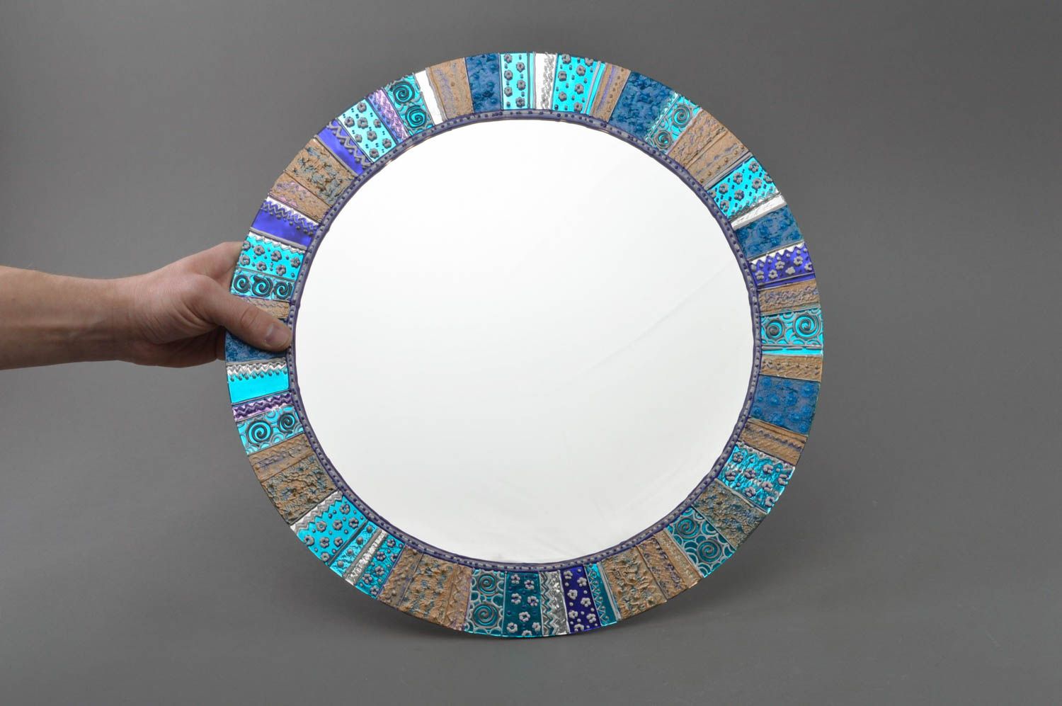 Espejo de pared artesanal elemento decorativo regalo original de diseño redondo  foto 1