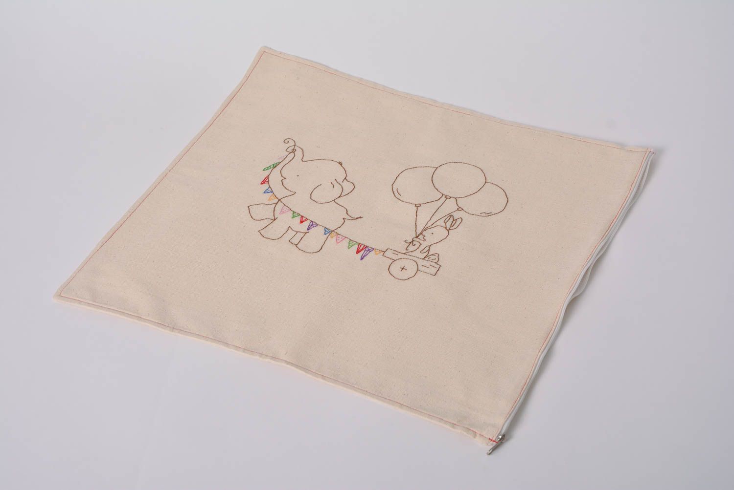 Handmade designer semi linen fabric pillow cover with embroidery for kids photo 5