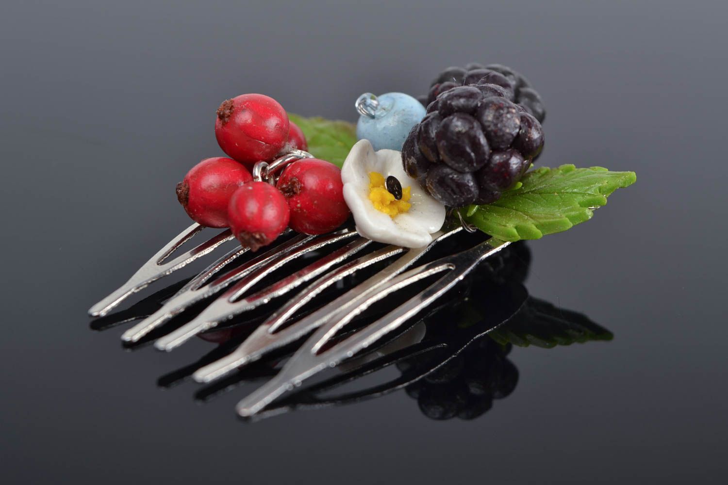 Small handmade designer hair comb with polymer clay berries and flowers photo 1