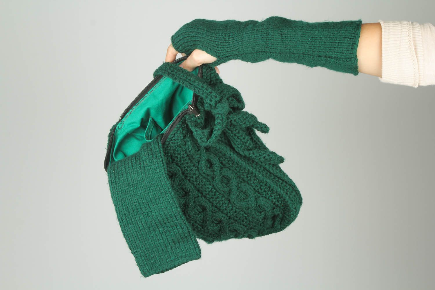 Mala de malha com mitenes de fios de lã acessórios femininos quentes tricotados  foto 4