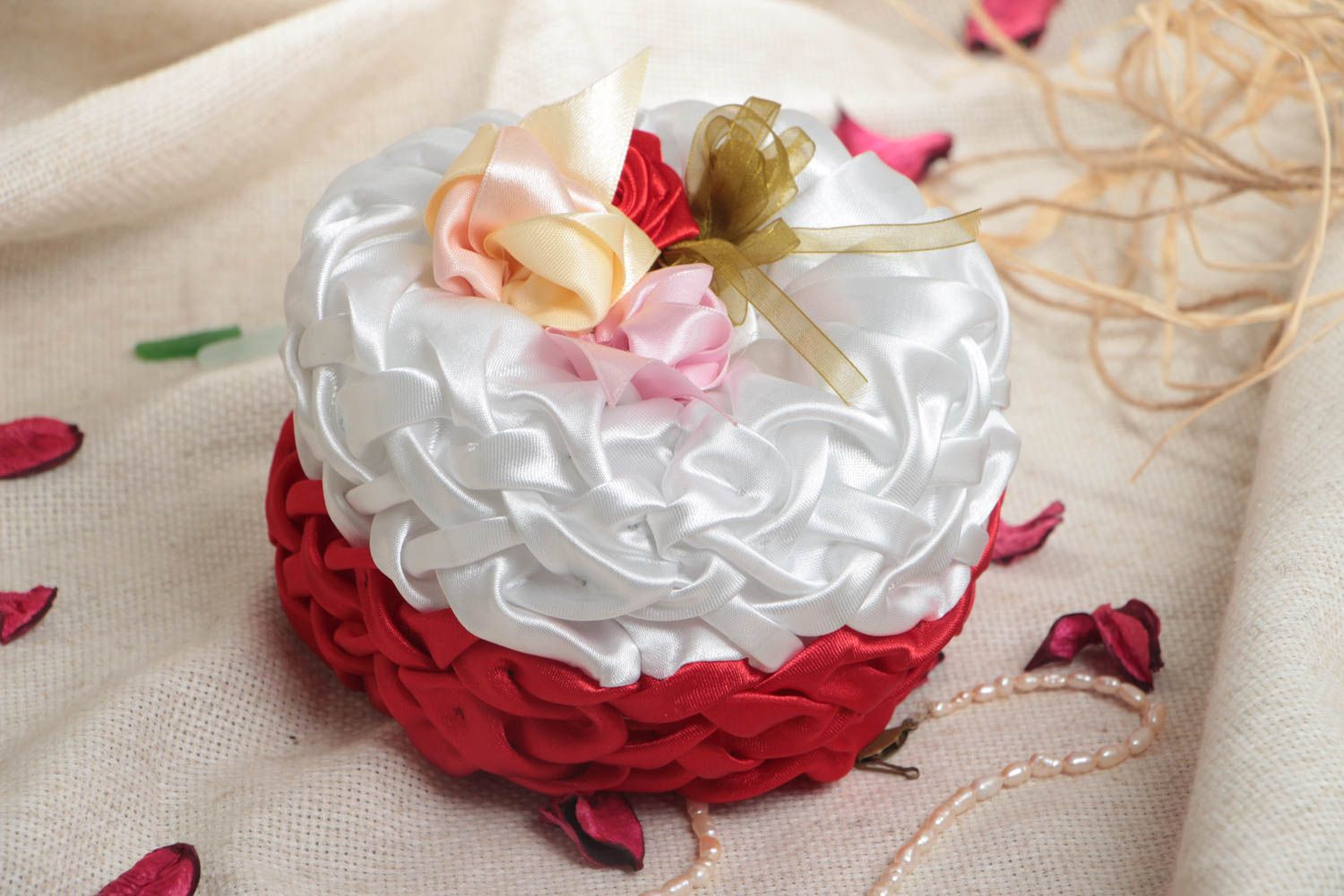 Handmade wedding satin ring pillow with flowers and red and white ribbons photo 1