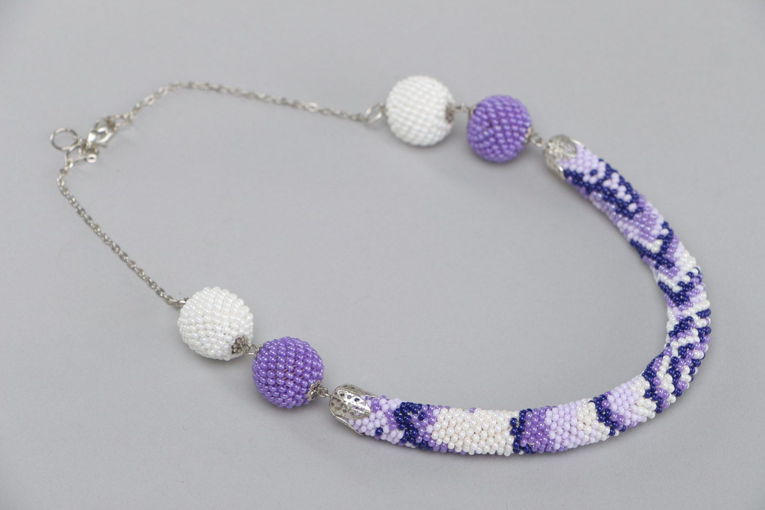 Unusual white and violet handmade beaded cord necklace with Czech seed beads photo 2