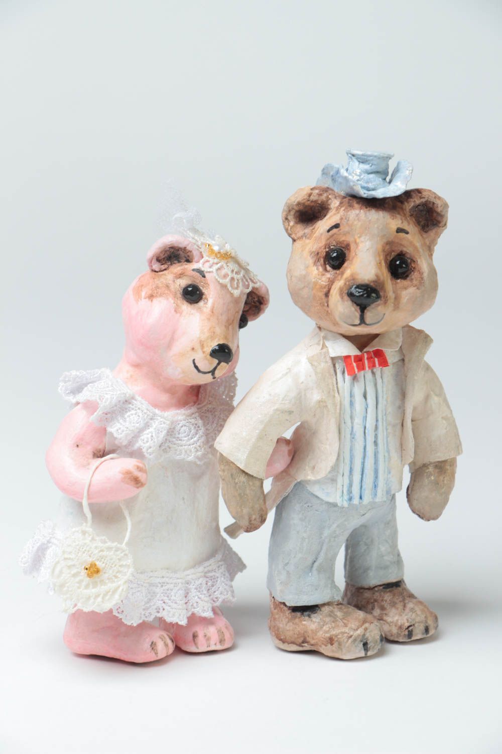 Handmade designer paper mache painted figurines of bear bride and groom photo 2