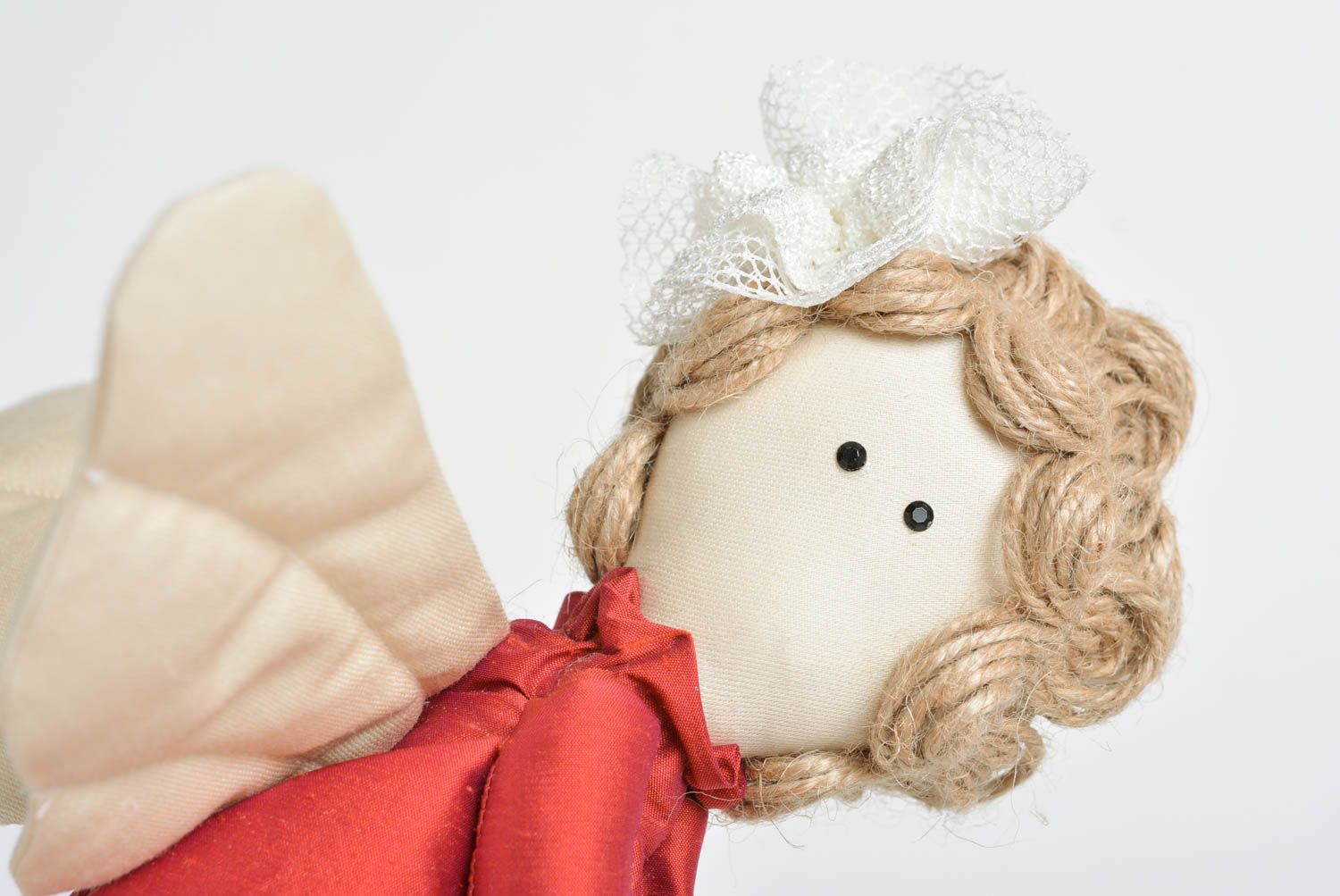 Beautiful nice handmade fabric soft toy with eyelet angel in red dress photo 2