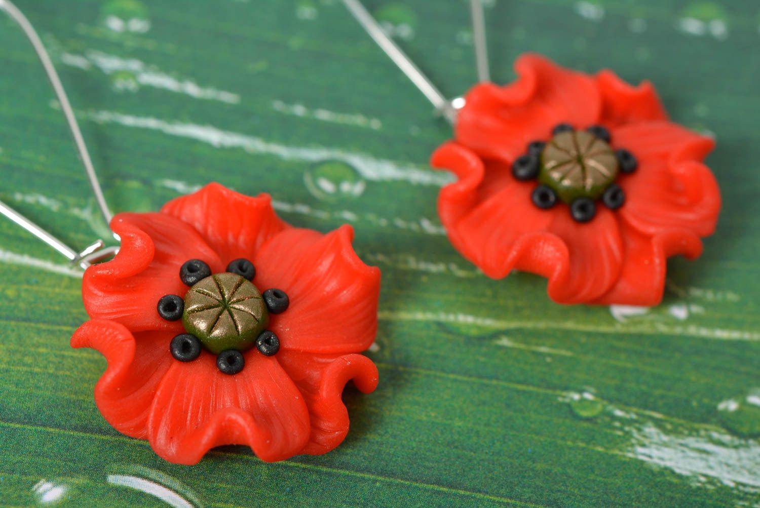 Handmade polymer clay earrings with red poppies designer stylish summer jewelry photo 2
