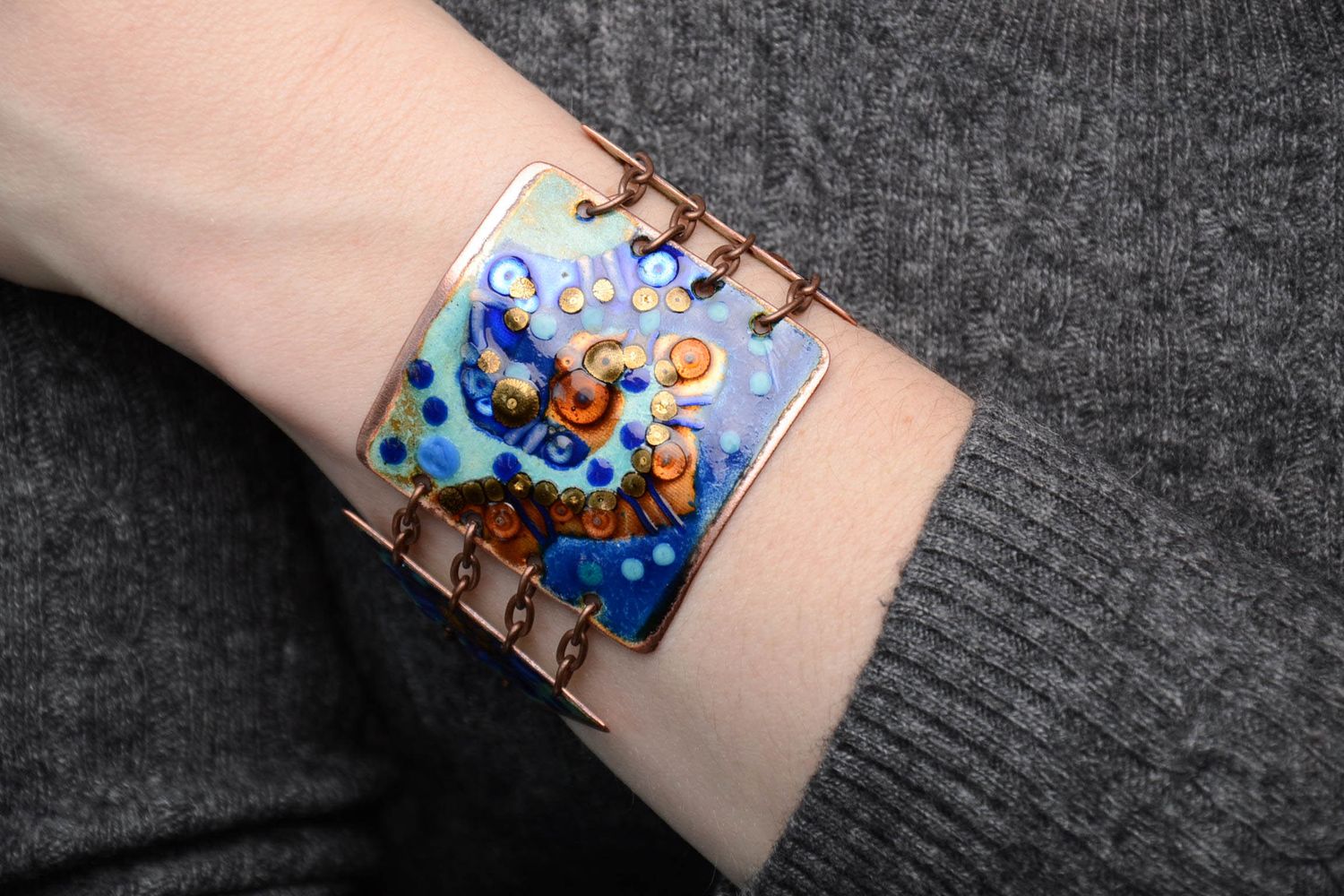 Copper bracelet painted with enamels of blue color photo 2