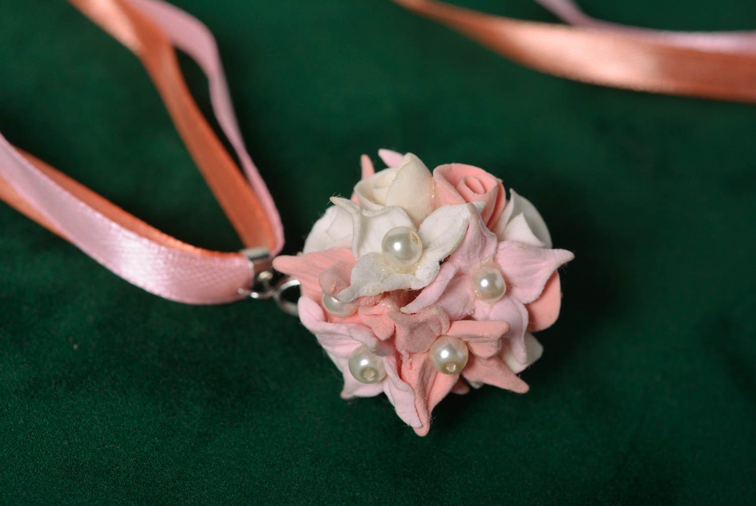Handmade pendant of polymer clay with beads on satin ribbons flowers photo 1