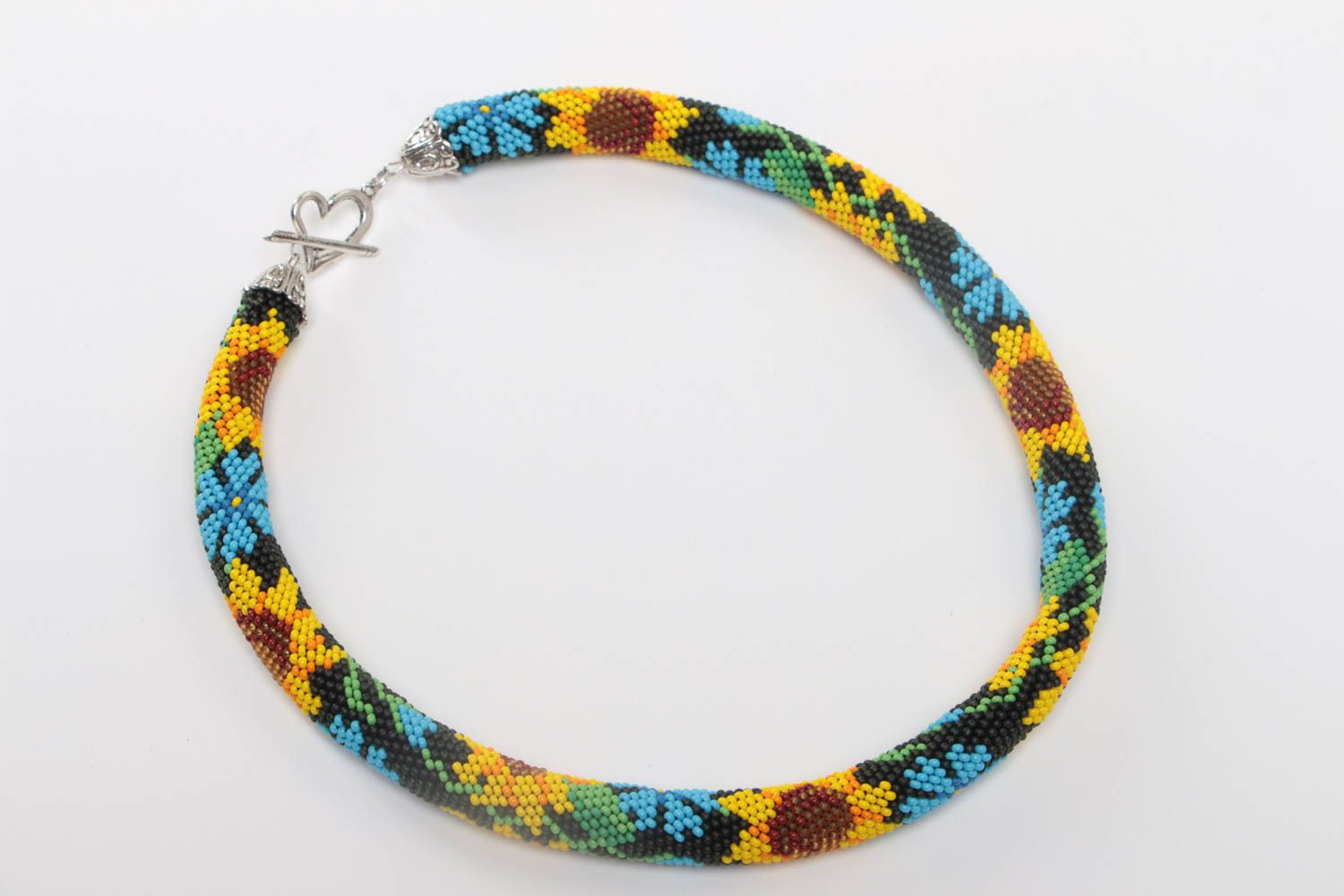 Handmade designer bead woven cord necklace with sunflowers on black background photo 2