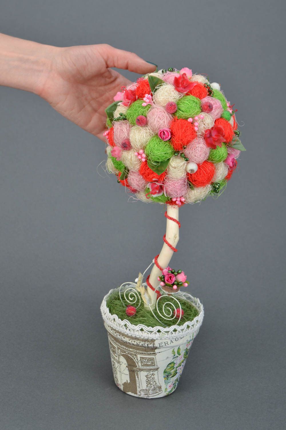Handmade bright colorful round decorative tree topiary with flowers and berries photo 2