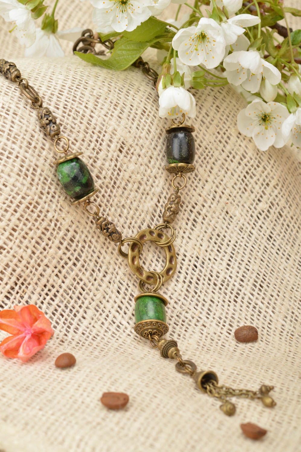 Beautiful massive metal necklace with large green beads designer jewelry photo 1