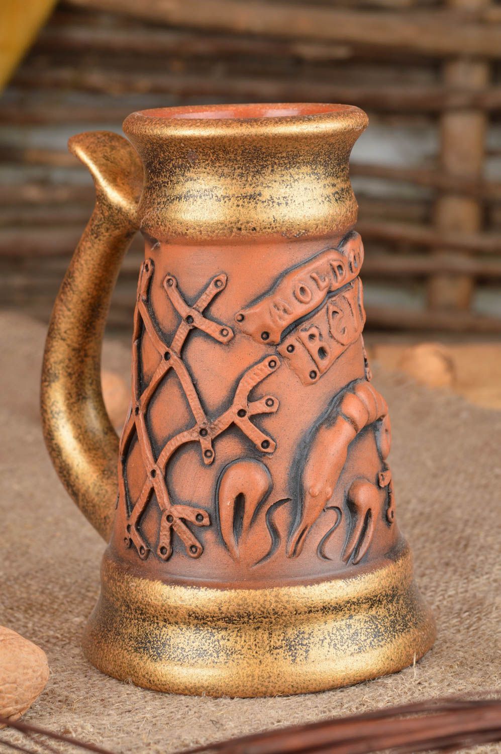 Exclusive large handmade ceramic beer mug with glaze coating inside 400 ml photo 1