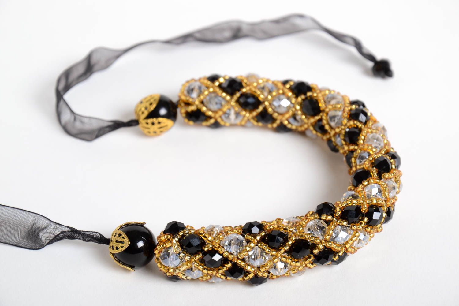 Elegant handmade black and gold color beads large strand bracelet  on a black rope photo 5