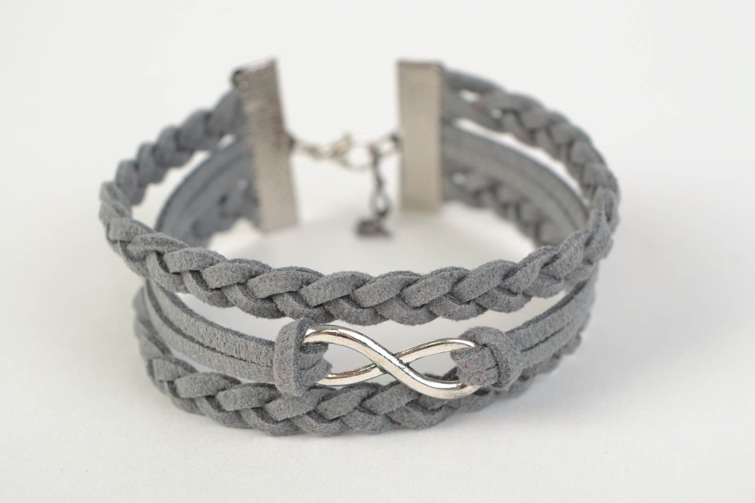 Handmade multi row gray suede cord woven wrist bracelet with metal infinity sign photo 3