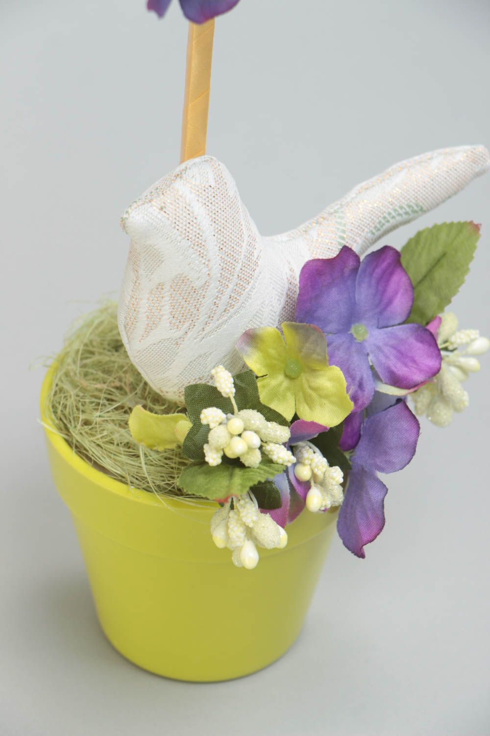 Pot de fleur artificielle en coton et sisal avec oiseaux blancs fait main photo 4