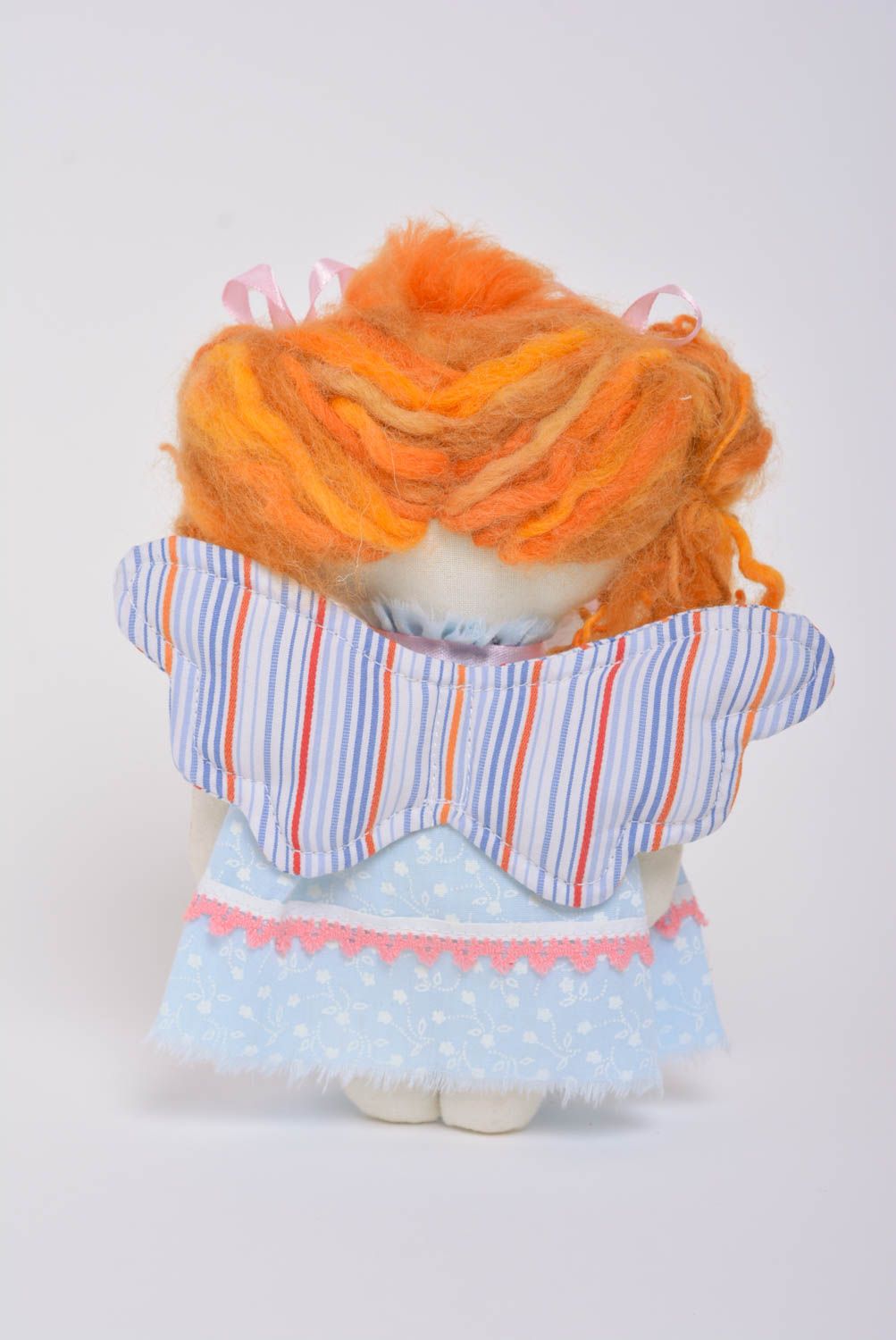 Handmade small fabric soft doll girl with ginger hair in blue floral dress photo 3