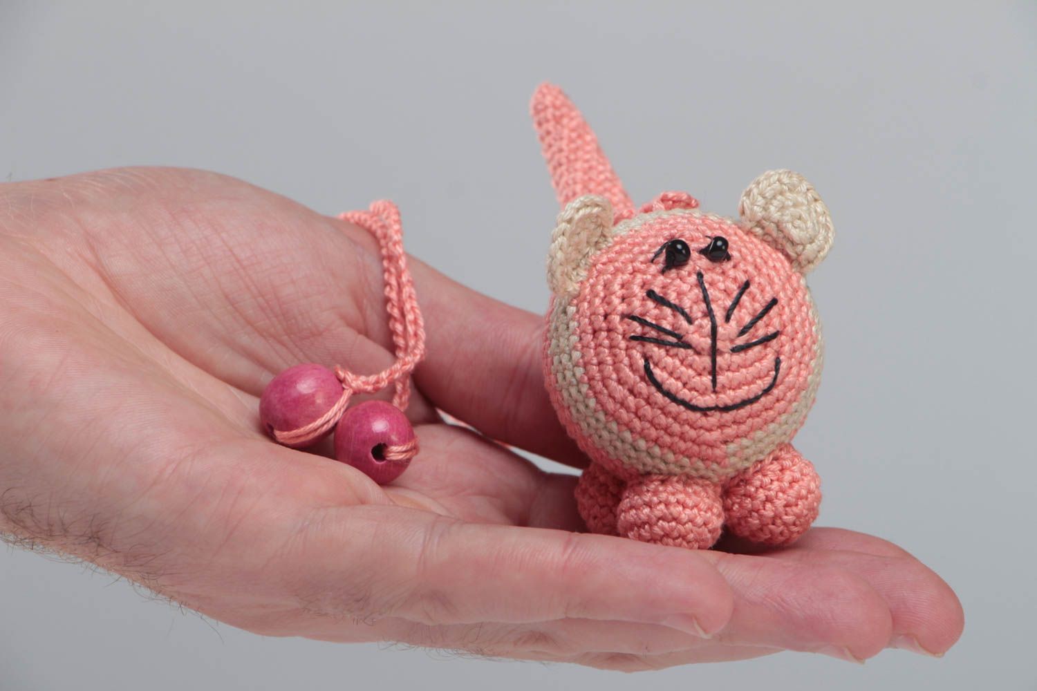Crocheted cotton rattle small pink cat handmade toy for children and nursery photo 5