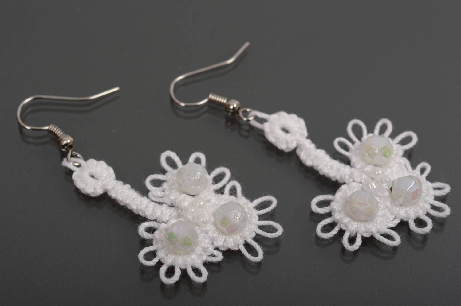 Unusual handmade woven thread earrings woven necklace design textile jewelry set photo 4