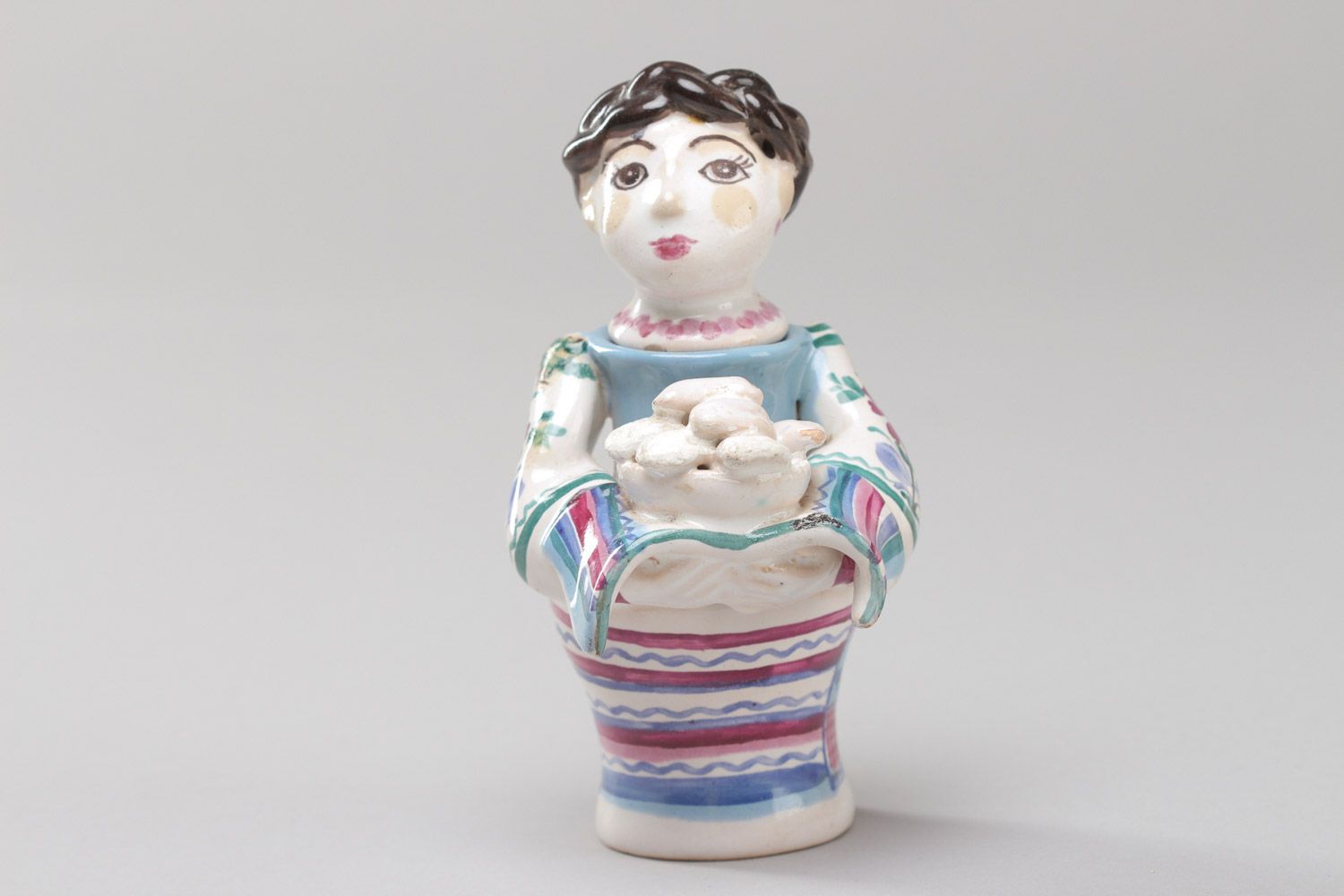 Handmade miniature decorative ceramic statuette of woman with dish photo 2