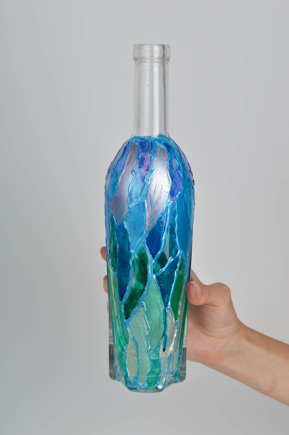Elegant 11 inches tall vase glass in blue and green colors handmade décor 15 oz, 1,4 lb photo 5