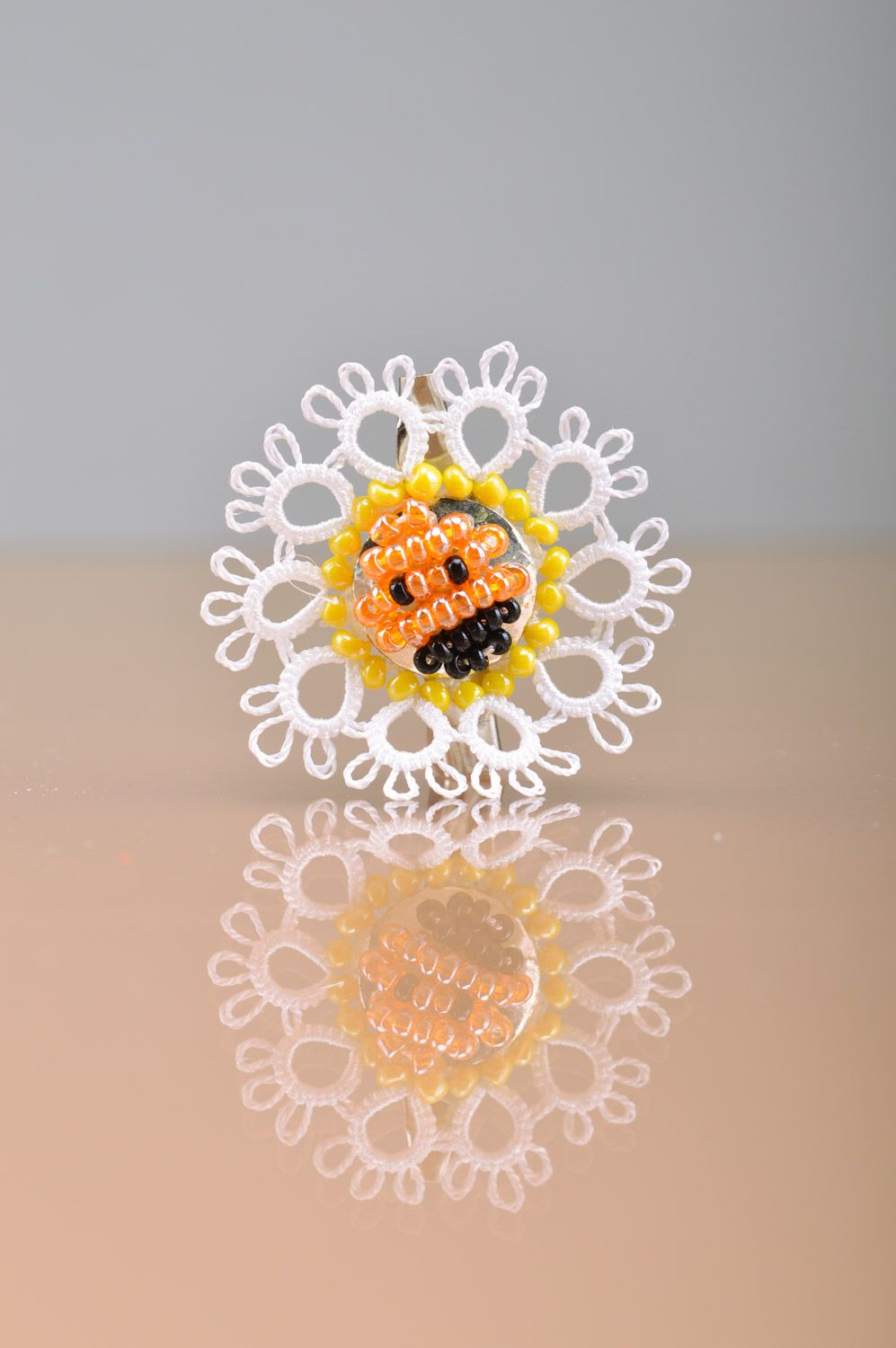Handmade women's woven tatting brooch with beads of white color photo 4