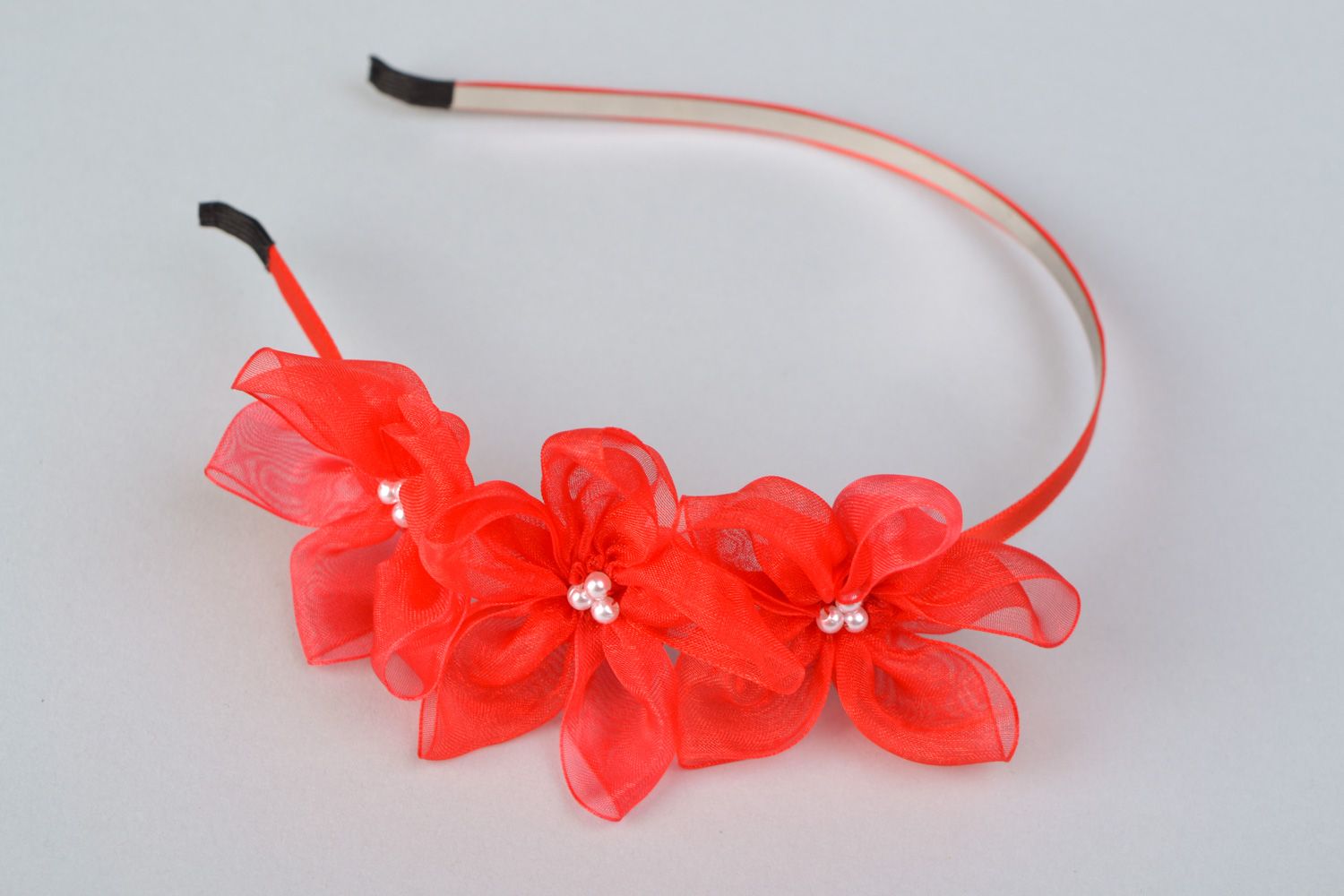 Homemade red organza flower headband photo 1