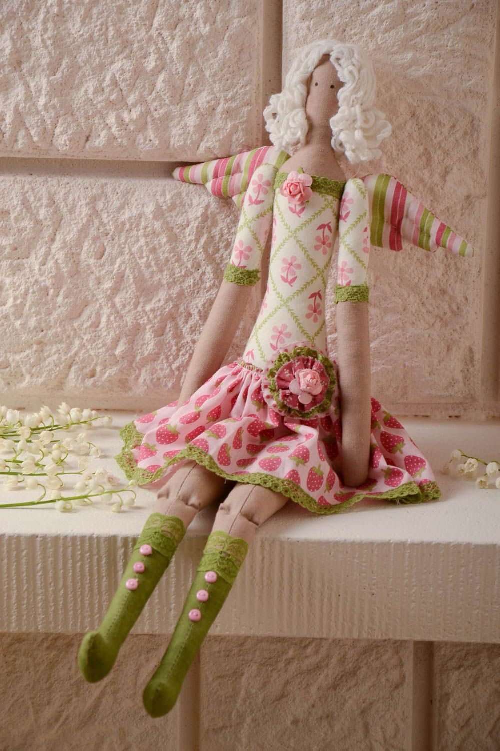 Handmade cotton fabric soft doll angel in floral dress with white hair  photo 1