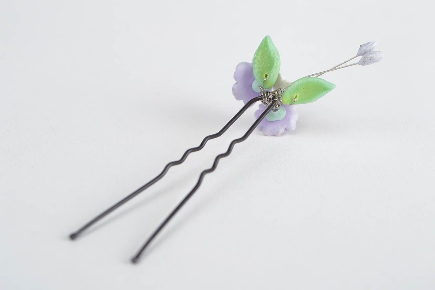 Handmade small metal hair pin decorated with tender violet polymer clay flowers photo 5