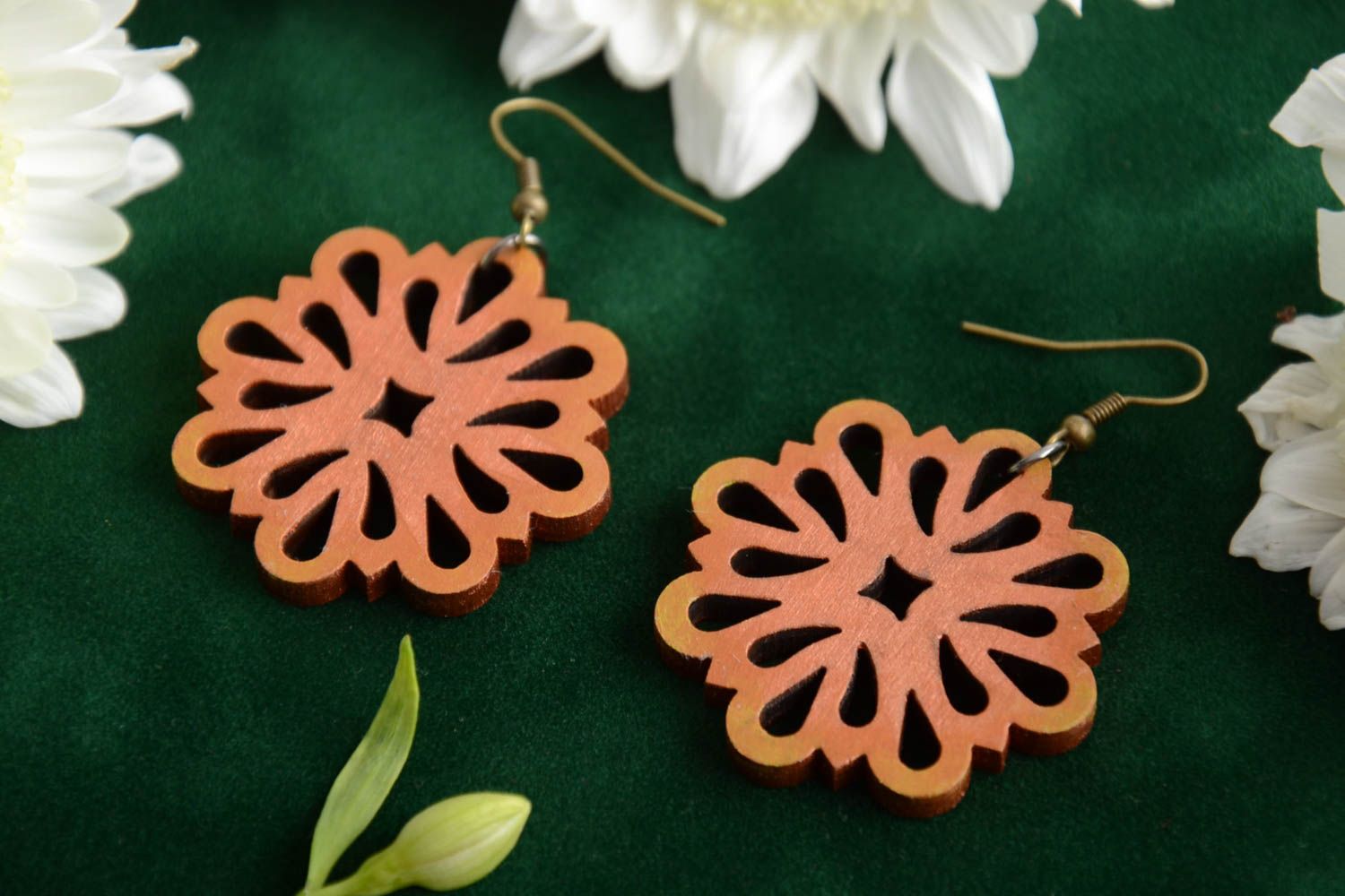 Handmade designer lacy dangling plywood earrings in the shape of flowers photo 1