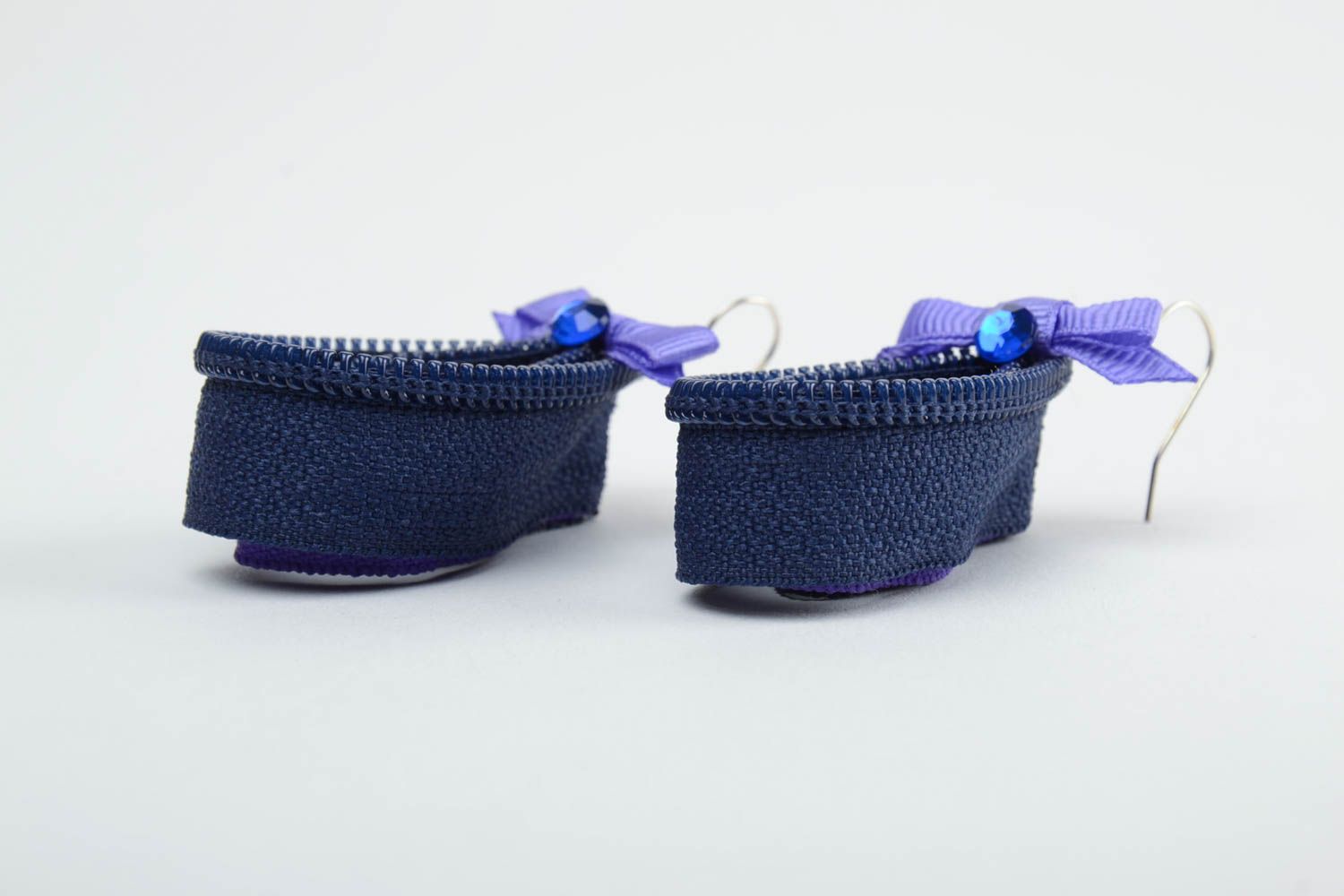 Handmade dark blue drop shaped zipper dangling earrings with small bows photo 3