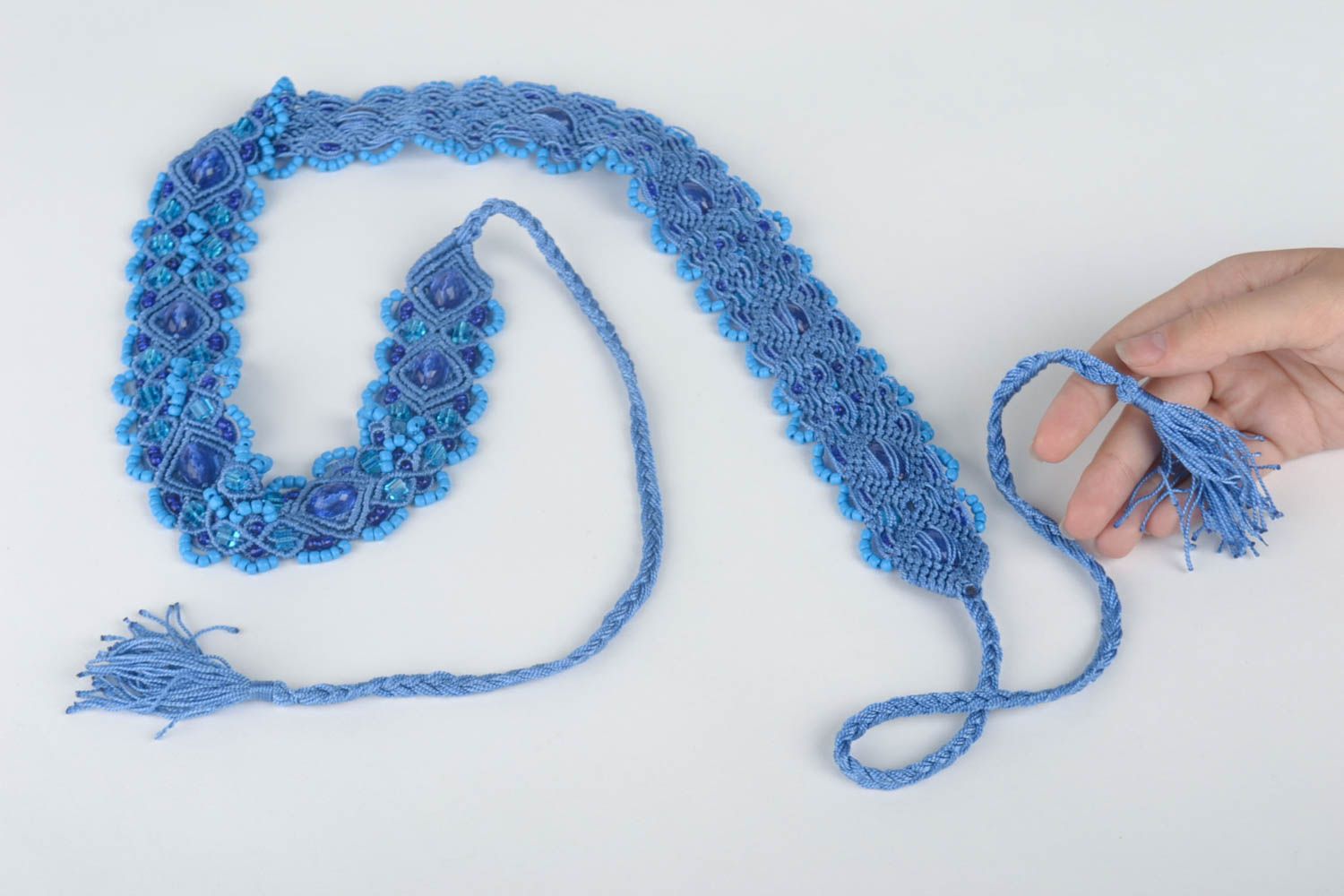 Пояс ручной работы пояс для талии плетеный женский пояс голубой с бисером фото 5