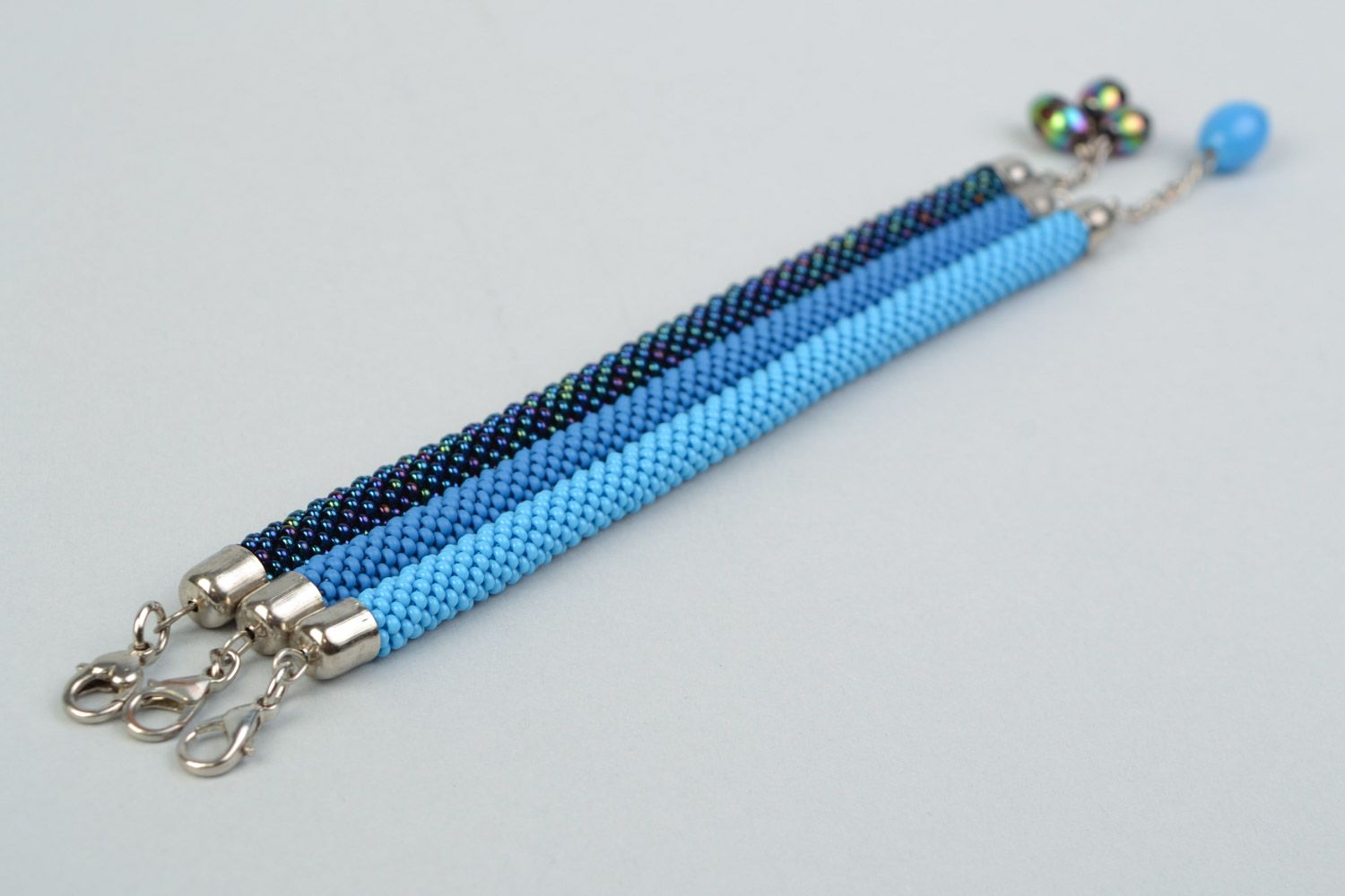 Set of 3 handmade beaded cord wrist bracelets in blue color shades for women photo 4