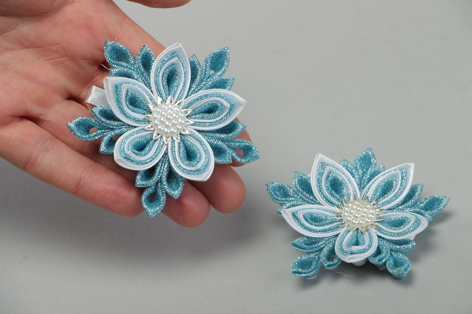 Set of handmade hair clips with satin and brocade kanzashi flowers in blue color photo 4