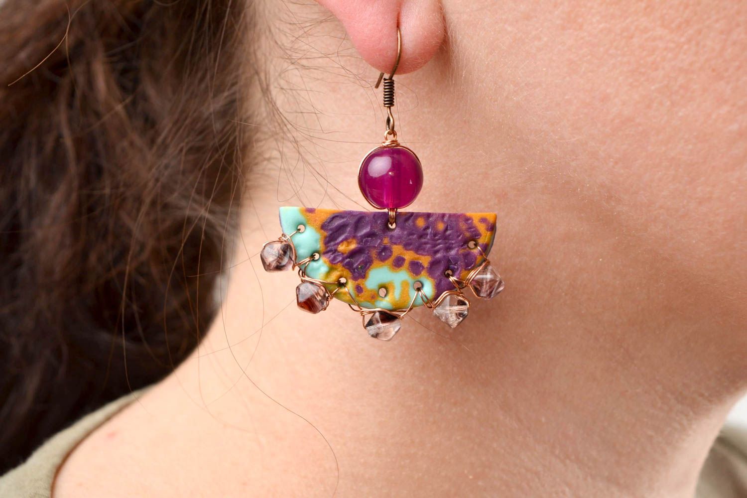 Handmade Damen Ohrringe Polymer Schmuck Accessoires für Frauen in Lila foto 1