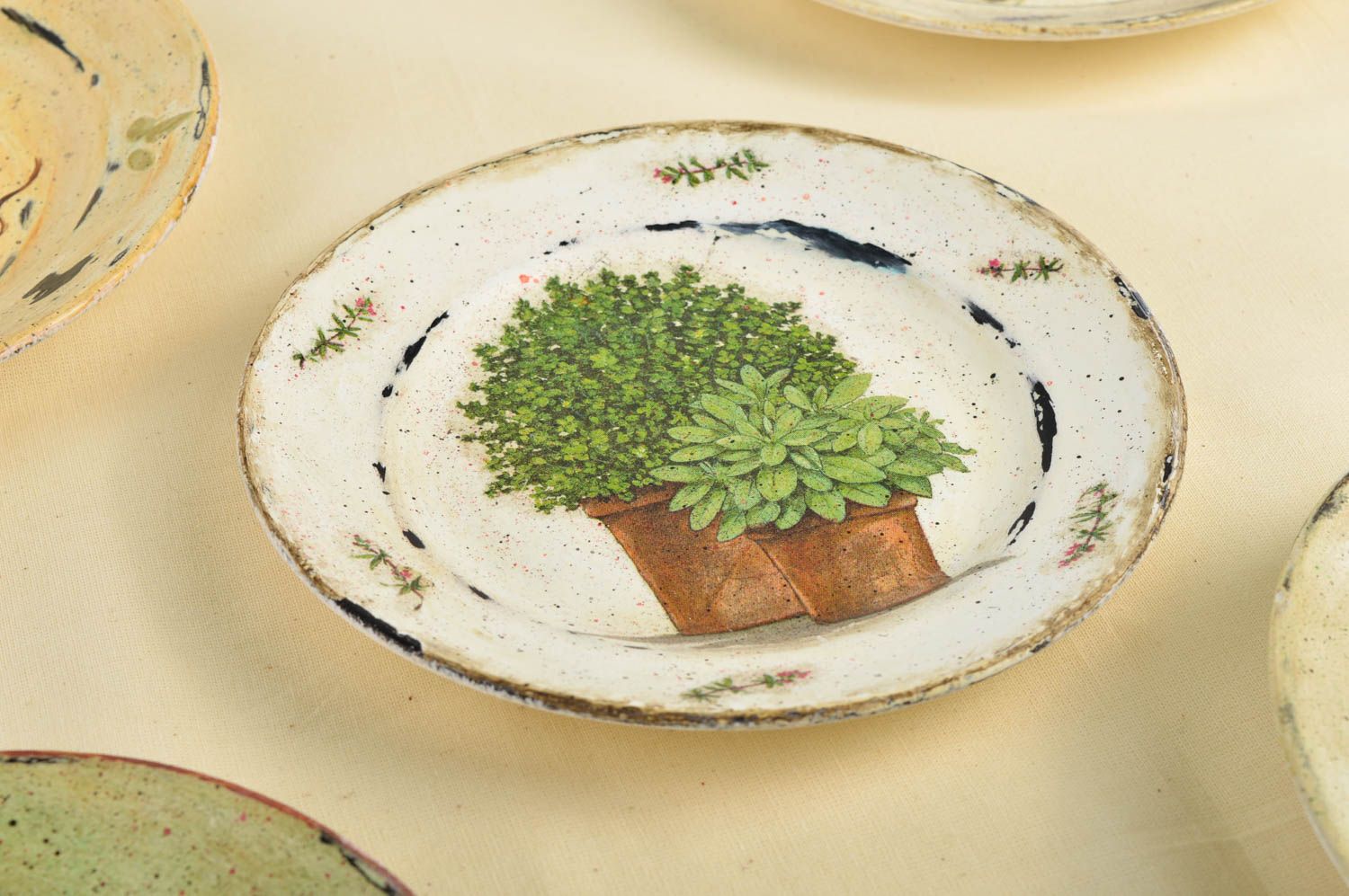 Handmade ceramic plate clay dishware painted plate decoupage plate greenery photo 1