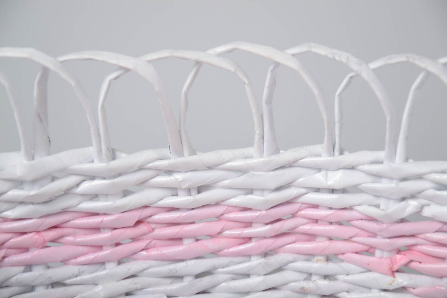 Handmade white-pink paper tubes basket with flowers for home interior decor photo 5