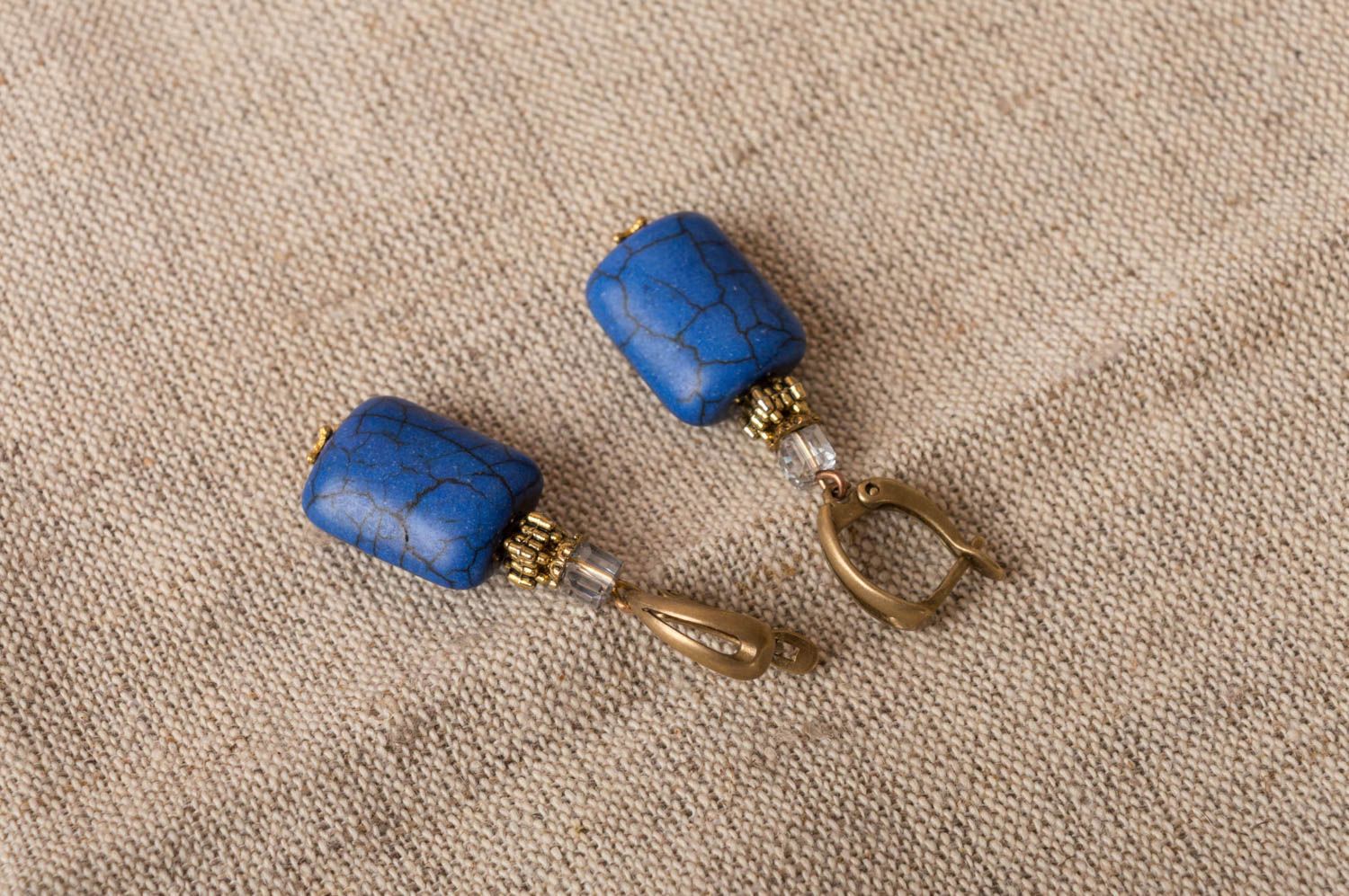 Designer beautiful evening blue handmade earrings made of howlite and brass photo 1