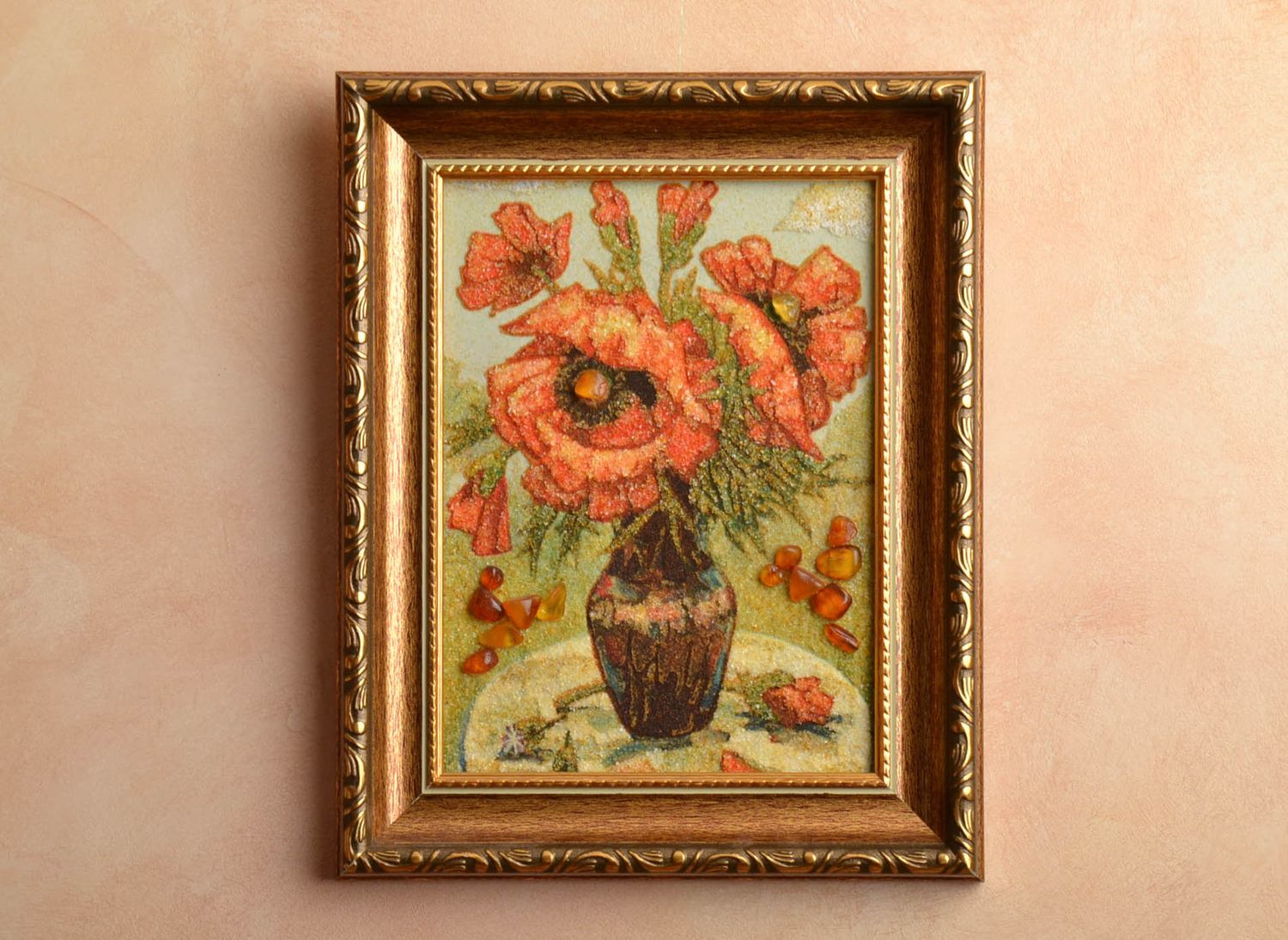 Amber decorated painting in wooden frame Poppies photo 1