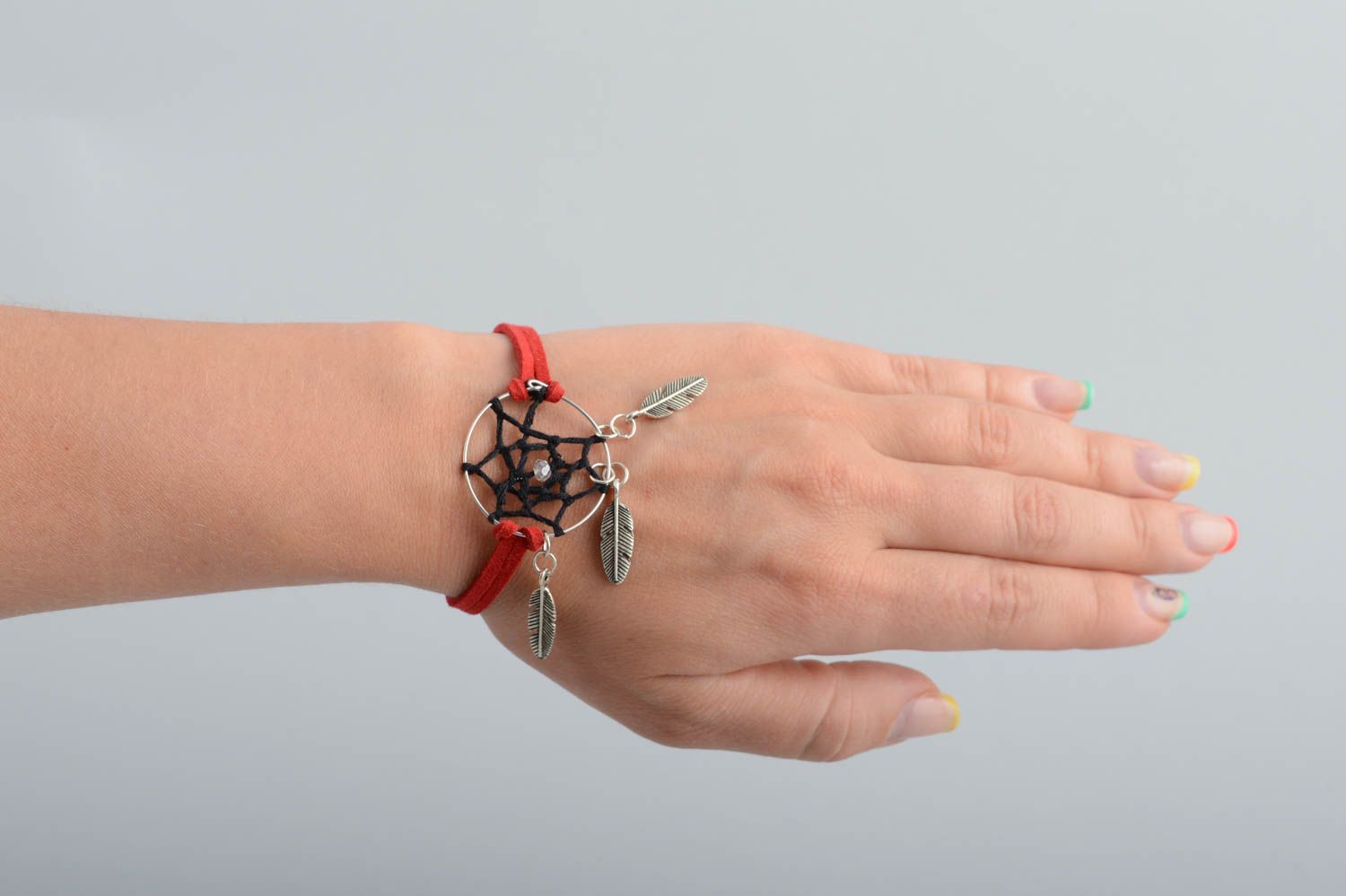 Handmade faux suede red cord woven wrist bracelet with dreamcatcher and charms photo 5