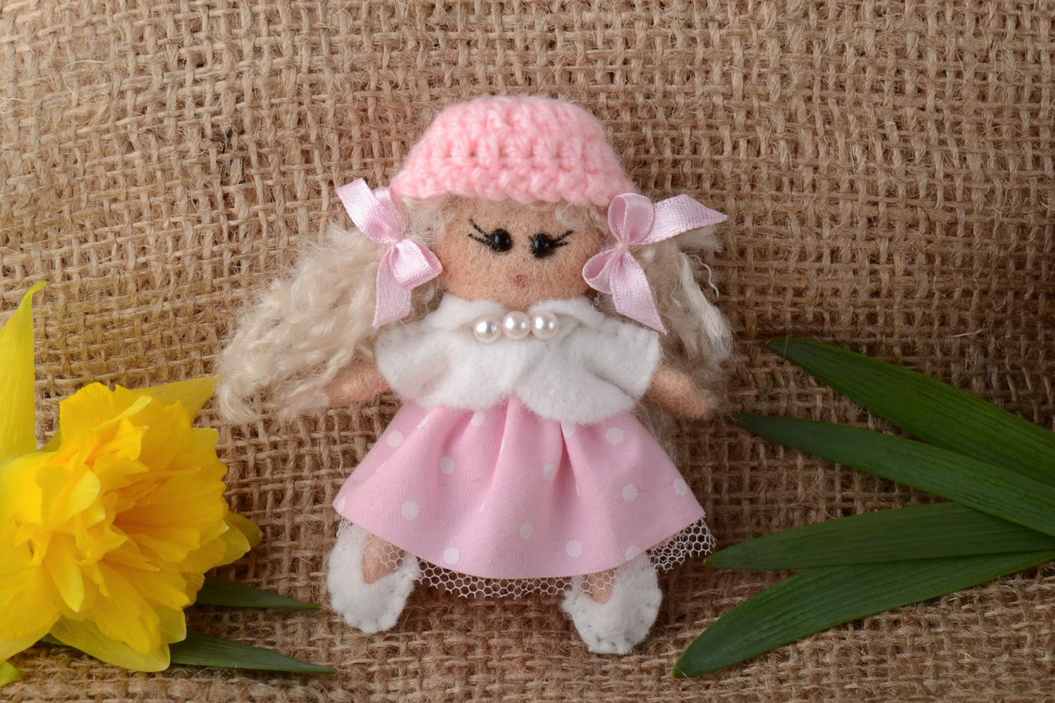 Handmade designer brooch doll in pink clothes photo 1